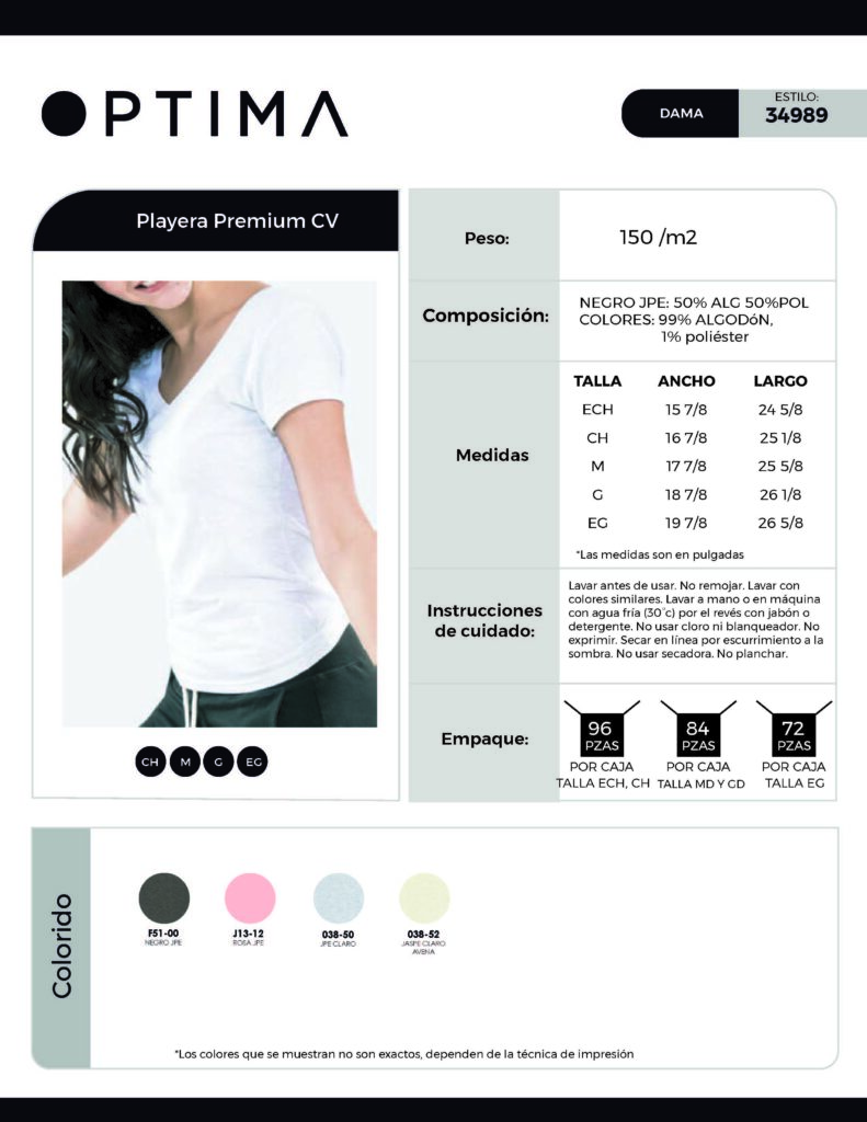 Ficha técnica playera premium cuello en V para dama